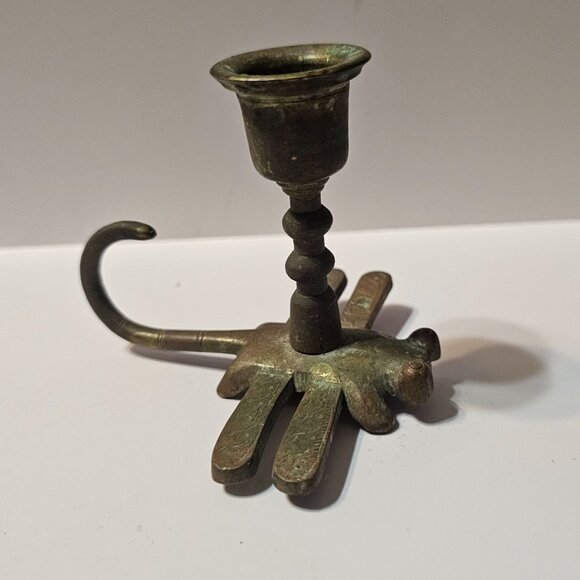 Antique Brass Dragonfly Candle Holder With Curved Tail & Intricate Design - Picture 1 of 8